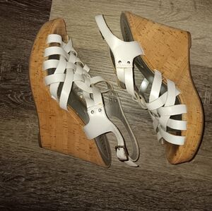 Guess White Weave Open Toe Cork Wedges